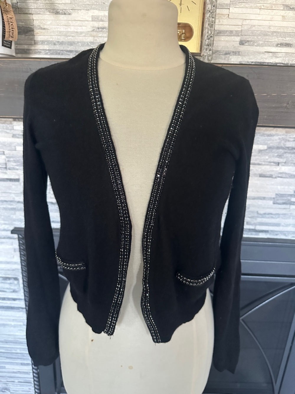 H&M Black Beaded-Trim Open Cardigan